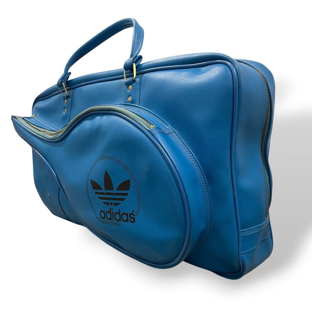 Rare Vintage 1970s Adidas Electric Blue Leather Tennis Bag Trefoil Era Duffel - Picture 4 of 9